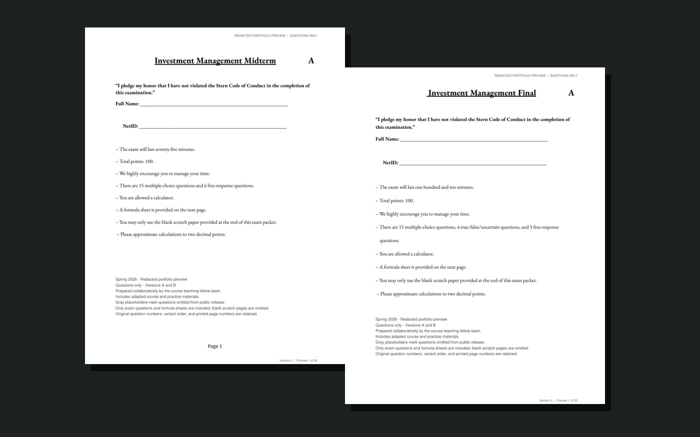 Offset cover sheets from the sanitized Investment Management midterm and final question previews.