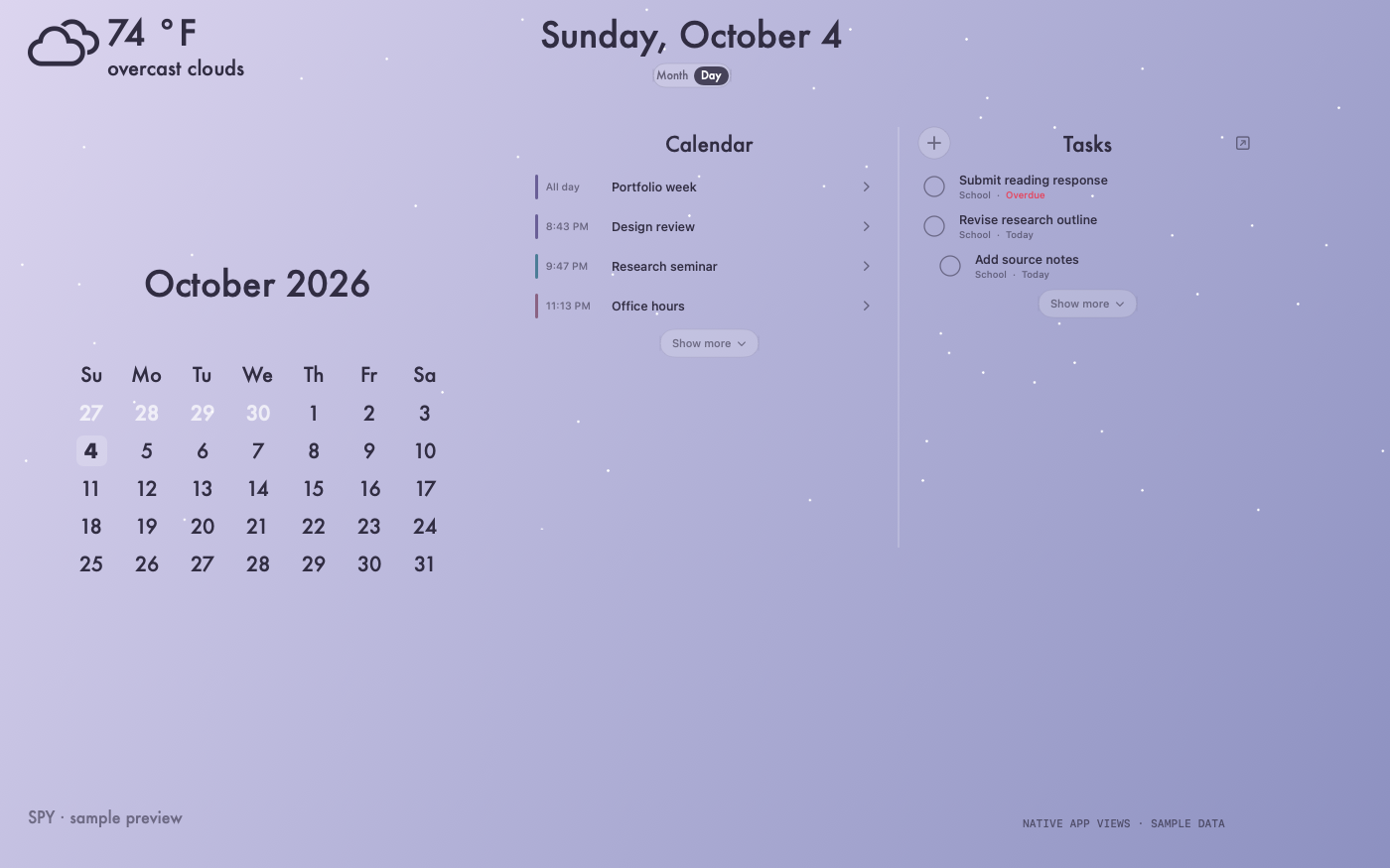 Actual native SwiftUI calendar, agenda, tasks and weather views rendered with sample data, alongside a frozen frame of the app’s rising white particles.