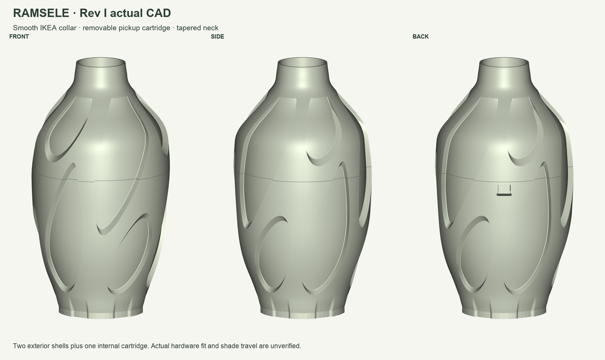 Front, side and back CAD views of the tapered Rev I RAMSELE motor and control enclosure.